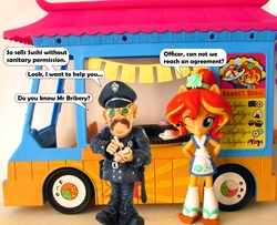 Size: 906x735 | Tagged: safe, artist:whatthehell!?, sunset shimmer, equestria girls, g4, apron, bribery, clothes, doll, equestria girls minis, food, glasses, happi, irl, photo, police, police officer, shoes, sunset sushi, sushi, toy, truck, uniform