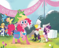 Size: 1180x960 | Tagged: safe, artist:zoe persico, applejack, fluttershy, granny smith, gummy, gustave le grande, pinkie pie, rainbow dash, rarity, sugar belle, twilight sparkle, griffon, g4, spoiler:book, baking competition, competition, hat, little golden book, mane six, prepared