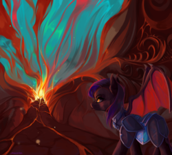 Size: 2198x1982 | Tagged: safe, artist:utauyan, oc, oc only, oc:dawn sentry, bat pony, pony, g4, armor, bat wings, cave, color porn, commission, digital painting, featured image, female, fire, glowing, glowing eyes, guardsmare, looking at something, magic portal, mare, not nightmare moon, royal guard, solo, spread wings, volcano, walking, wings, ych result