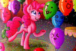 Size: 915x610 | Tagged: safe, artist:gummysky, artist:happy-go-creative, artist:violetdanka-n-silly, gummy, pinkie pie, earth pony, pony, g4, balloon, confetti, female, mare, party