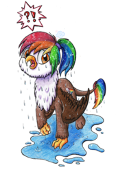 Size: 405x600 | Tagged: safe, artist:gummysky, artist:violetdanka-n-silly, oc, oc only, oc:rainbow feather, griffon, exclamation point, interrobang, interspecies offspring, magical lesbian spawn, offspring, parent:gilda, parent:rainbow dash, parents:gildash, pictogram, question mark, simple background, solo, transparent background, wet, wet mane