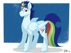 Size: 2048x1536 | Tagged: safe, artist:pimpartist101, oc, oc only, oc:sky rocket, pegasus, pony, male, offspring, parent:rainbow dash, parent:soarin', parents:soarindash, rainbow hair, solo, stallion