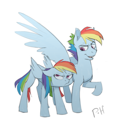 Size: 600x630 | Tagged: safe, artist:bypenandhoof, rainbow dash, pegasus, pony, g4, duo, female, frown, male, rainbow blitz, raised hoof, rule 63, self ponidox, simple background, white background