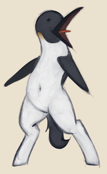 Size: 588x950 | Tagged: safe, artist:marsminer, oc, oc only, bird, bird pone, emperor penguin, hybrid, penguin, pony, semi-anthro, belly button, not salmon, open mouth, penguin pony, simple background, solo, tan background, tongue out, wat