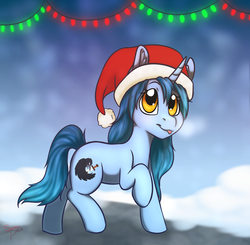 Size: 1470x1442 | Tagged: safe, artist:snowpaca, oc, oc only, oc:raven sorrel, pony, unicorn, breath, christmas, christmas lights, clothes, female, hat, holiday, mare, santa hat, snow, solo, tongue out