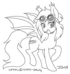 Size: 900x952 | Tagged: safe, artist:johnjoseco, oc, oc only, oc:verri, bat pony, pony, bat pony oc, fangs, female, goggles, grayscale, mare, monochrome, simple background, sketch, slit pupils, smiling, solo, tongue out, white background