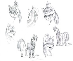 Size: 1500x1257 | Tagged: safe, artist:baron engel, moondancer, pony, unicorn, g4, clothes, female, glasses, grayscale, looking at you, mare, monochrome, pencil drawing, simple background, sketch, smiling, solo, sweater, traditional art, turtleneck, white background