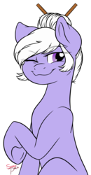 Size: 1028x1972 | Tagged: safe, artist:snowpaca, oc, oc only, oc:zestosia, earth pony, pony, bun, cheeky, female, mare, one eye closed, simple background, sitting, transparent background, wink