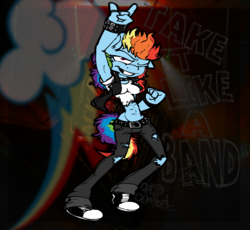 Size: 1564x1441 | Tagged: safe, artist:combthecombel, rainbow dash, anthro, plantigrade anthro, g4, belt, bracelet, choker, clothes, collar, converse, cutie mark background, devil horn (gesture), female, four fingers, grin, jacket, jewelry, leather, leather belt, leather jacket, metal, midriff, one eye closed, pants, punk, ripped pants, shirt, shoes, smiling, solo, spiked belt, spiked choker, spiked collar, spiked wristband, studded bracelet, tail, wink, wristband
