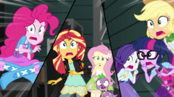 Size: 1280x718 | Tagged: safe, screencap, applejack, fluttershy, pinkie pie, rarity, sci-twi, spike, spike the regular dog, sunset shimmer, twilight sparkle, dog, equestria girls, equestria girls specials, g4, my little pony equestria girls: movie magic, boots, d:, geode of telekinesis, high heel boots, magical geodes, open mouth, shoes