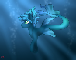 Size: 2400x1900 | Tagged: safe, artist:snowpaca, oc, oc only, oc:abyss, merpony, sea pony, seapony (g4), blue mane, bubble, crepuscular rays, dorsal fin, fish tail, flowing mane, fluffy, male, ocean, stallion, swimming, tail, underwater, water