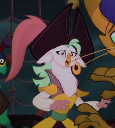 Size: 621x687 | Tagged: safe, screencap, capper dapperpaws, captain celaeno, squabble, abyssinian, bird, ornithian, anthro, g4, my little pony: the movie, beauty mark, cropped, ear piercing, earring, female, jewelry, male, parrot pirates, piercing, pirate