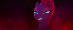 Size: 1920x804 | Tagged: safe, screencap, tempest shadow, pony, unicorn, g4, my little pony: the movie, broken horn, bust, evil grin, eye scar, female, grin, happy, horn, looking down, scar, smiling, smug, smugest shadow, solo