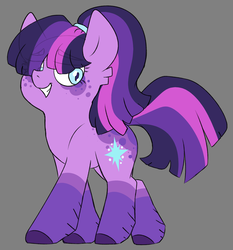 Size: 1024x1097 | Tagged: safe, artist:taaffeiite, twilight sparkle, earth pony, pony, g4, alternate color palette, alternate cutie mark, alternate eye color, alternate hairstyle, alternate universe, coat markings, colored hooves, dappled, earth pony twilight, eyebrows, g5 concept leak style, g5 concept leaks, gray background, looking at you, ponytail, simple background, smiling, solo, spoiler, twilight sparkle (g5 concept leak)