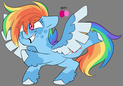 Size: 1556x1090 | Tagged: safe, artist:taaffeiite, rainbow dash, pegasus, pony, g4, alternate color palette, coat markings, dappled, g5 concept leak style, g5 concept leaks, gray background, rainbow dash (g5 concept leak), simple background, smiling, solo, spoiler, spread wings, wings