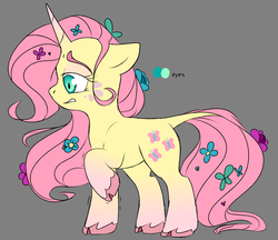 Size: 1815x1568 | Tagged: safe, artist:taaffeiite, fluttershy, pony, unicorn, g4, alternate universe, cloven hooves, colored hooves, dock, eyebrows, flower, flower in hair, flower in tail, fluttershy (g5 concept leak), g5 concept leak style, g5 concept leaks, gray background, race swap, simple background, solo, spoiler, trembling, unicorn fluttershy, unsure