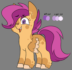 Size: 1068x1042 | Tagged: safe, artist:taaffeiite, scootaloo, earth pony, hybrid, pegasus, pony, g4, alternate hair color, blank flank, blind scootaloo, coat markings, cute, cutealoo, dappled, disability headcanon, disabled, eyebrows, fetal alcohol syndrome, g5 concept leak style, gray background, headcanon, mixed race, one eye closed, open mouth, open smile, physical disability, scootaloo (g5), scootaloo can't fly, simple background, smiling, solo, spoiler
