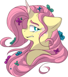 Size: 973x1096 | Tagged: dead source, safe, artist:taaffeiite, fluttershy, pony, unicorn, g4, alternate universe, bust, colored horn, crying, eyebrows, flower, flower in hair, fluttershy (g5 concept leak), g5 concept leak style, g5 concept leaks, horn, portrait, simple background, solo, spoiler, transparent background, unicorn fluttershy