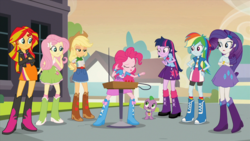 Size: 1280x720 | Tagged: safe, screencap, applejack, fluttershy, pinkie pie, rainbow dash, rarity, spike, sunset shimmer, twilight sparkle, alicorn, equestria girls, g4, my little pony equestria girls: rainbow rocks, boots, high heel boots, humane five, humane seven, humane six, musical instrument, shoes, theremin, twilight sparkle (alicorn)