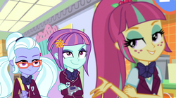 Size: 1280x717 | Tagged: safe, screencap, sour sweet, sugarcoat, sunny flare, equestria girls, equestria girls specials, g4, my little pony equestria girls: dance magic, smug