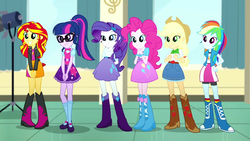 Size: 1280x720 | Tagged: safe, screencap, applejack, fluttershy, pinkie pie, rainbow dash, rarity, sci-twi, sunset shimmer, twilight sparkle, equestria girls, g4, my little pony equestria girls: summertime shorts, pet project, back to school, boots, cute, dashabetes, diapinkes, female, high heel boots, humane five, humane seven, humane six, jackabetes, line-up, raribetes, shimmerbetes, shoes, twiabetes