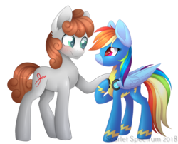 Size: 1308x1058 | Tagged: safe, artist:scarlet-spectrum, rainbow dash, oc, oc:dreamer, earth pony, pegasus, pony, g4, blushing, canon x oc, clothes, female, goggles, height difference, looking at each other, mare, multicolored hair, physique difference, rainmer, raised hoof, simple background, slender, smiling, thin, transparent background, uniform, wonderbolts uniform