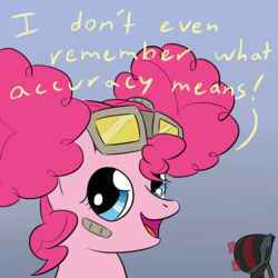 Size: 1280x1280 | Tagged: safe, artist:phat_guy, derpibooru exclusive, pinkie pie, earth pony, pony, g4, :c, accessory, bandaid, borderlands, borderlands 2, bust, clothes, dialogue, english, female, frown, gaige, goggles, gradient background, looking up, mare, mechromancer, open mouth, patch, pinkie puffs, portrait, ribbon, solo, talking, zer0