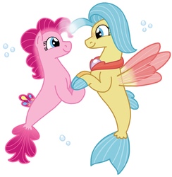 Size: 1502x1536 | Tagged: safe, artist:kindheart525, pinkie pie, princess skystar, earth pony, seapony (g4), g4, my little pony: the movie, blue eyes, bubble, digital art, dorsal fin, eyelashes, female, fin, fin wings, fins, fish tail, flower, flower in hair, freckles, glowing, jewelry, lesbian, looking at each other, looking at someone, mare, necklace, ocean, open mouth, pearl necklace, seaponified, seapony pinkie pie, ship:skypie, shipping, simple background, smiling, smiling at each other, species swap, swimming, tail, underwater, water, white background, wings