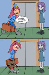 Size: 1043x1587 | Tagged: safe, artist:eagc7, maud pie, oc, equestria girls, g4, boots, briefcase, clothes, comic, dialogue, elevator, female, hat, krusty towers, nickelodeon, pants, parody, rock, shoes, spongebob squarepants, that pony sure does love rocks, trace, uniform