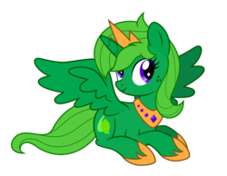 Size: 1547x1200 | Tagged: safe, artist:limedreaming, artist:wavecipher, oc, oc only, oc:lime dream, alicorn, pony, alicorn oc, crown, freckles, green fur, horn, jewelry, looking at you, purple eyes, regalia, simple background, sitting, spread wings, transparent background, wings