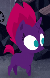 Size: 420x650 | Tagged: safe, screencap, fizzlepop berrytwist, tempest shadow, pony, unicorn, g4, my little pony: the movie, blank flank, cropped, female, filly, filly tempest shadow, pointy ponies, solo, younger