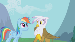 Size: 1280x720 | Tagged: safe, screencap, gilda, rainbow dash, griffon, pegasus, pony, g4, griffon the brush off, duo, female, looking at each other, mare