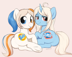 Size: 3390x2683 | Tagged: safe, artist:moozua, oc, oc only, oc:bleachy, oc:tide pod, earth pony, food pony, pony, unicorn, :p, bedroom eyes, bleach, blushing, butt, clorox, cute, duo, featureless crotch, female, frog (hoof), heterochromia, high res, lidded eyes, looking at you, looking back, looking back at you, mare, on side, plot, plot pair, ponified, raised tail, silly, simple background, smiling, tail, the ass was fat, tide, tide pods, tide pony, tongue out, underhoof, white background