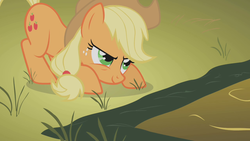 Size: 1280x720 | Tagged: safe, screencap, applejack, earth pony, pony, fall weather friends, g4, applejack's hat, cowboy hat, crouching, female, hat, mare, solo