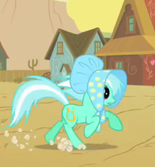 Size: 218x235 | Tagged: safe, screencap, lyra heartstrings, earth pony, pony, g4, over a barrel, appleloosa, background pony, bonnet, cropped, female, mare, running, solo