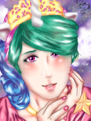 Size: 1687x2227 | Tagged: safe, artist:kenishra, princess celestia, human, g4, clothes, crown, eared humanization, female, horn, horned humanization, humanized, jewelry, looking at you, regalia, solo, uncanny valley
