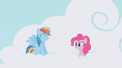 Size: 1280x720 | Tagged: safe, screencap, pinkie pie, rainbow dash, earth pony, pegasus, pony, g4, griffon the brush off, cloud, cutie mark, duo, eyes closed, female, grin, hooves, mare, on a cloud, sitting, sitting on a cloud, smiling, spread wings, wings