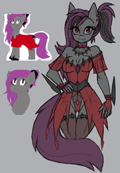 Size: 1321x1914 | Tagged: safe, artist:artisticfangirl7, artist:raptor007, oc, oc only, oc:night-dancer, earth pony, vampire, anthro, plantigrade anthro, blade, breasts, cleavage, clothes, dress, jewelry, necklace, stockings, thigh highs