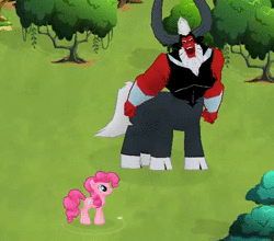 Size: 536x472 | Tagged: safe, gameloft, lord tirek, pinkie pie, g4, animated, cupcake, cute, dancing, diapinkes, everfree forest, food, gameloft shenanigans, laughing, no sound, webm