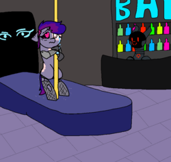 Size: 750x710 | Tagged: safe, artist:nootaz, oc, oc only, oc:electric heartbeat, pony, robot, robot pony, crying, fishnet stockings, pole dancing, stripper pole