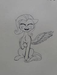 Size: 774x1032 | Tagged: safe, artist:ironbeastz, fluttershy, pony, g4, female, monochrome, one wing out, sitting, solo, traditional art