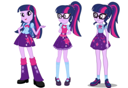 Size: 1662x1151 | Tagged: safe, artist:aqua-pony, artist:seahawk270, artist:sugar-loop, edit, sci-twi, twilight sparkle, alicorn, a fine line, equestria girls, equestria girls specials, g4, my little pony equestria girls: better together, adorkable, arm behind back, backpack, belt, bowtie, clothes, comparison, cute, dork, eqg promo pose set, female, geode of telekinesis, glasses, leg warmers, long hair, magical geodes, mary janes, meganekko, open mouth, pleated skirt, ponytail, shoes, simple background, skirt, smiling, socks, standing, threelight sparkles, transparent background, trilight, trio, twiabetes, twilight sparkle (alicorn), twolight, vector