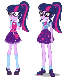 Size: 1002x1150 | Tagged: safe, artist:aqua-pony, artist:seahawk270, sci-twi, twilight sparkle, a fine line, equestria girls, equestria girls series, equestria girls specials, g4, adorkable, arm behind back, belt, bowtie, clothes, comparison, cute, dork, female, geode of telekinesis, glasses, magical geodes, mary janes, meganekko, ponytail, shoes, simple background, skirt, smiling, socks, solo, standing, transparent background, twiabetes, vector