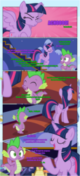 Size: 1919x4225 | Tagged: safe, artist:estories, spike, twilight sparkle, alicorn, dragon, pony, comic:a(pple)ffection, g4, comic, dialogue, eyes closed, female, grammar error, mare, open mouth, raised hoof, rear view, smiling, sneezing, stairs, twilight sparkle (alicorn)