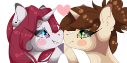 Size: 1002x500 | Tagged: safe, artist:mauuwde, oc, oc only, oc:shay, oc:teddy heart, pony, unicorn, boop, duo, female, mare, noseboop, pixel art, simple background, transparent background
