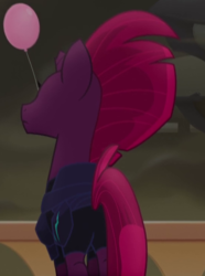 Size: 550x740 | Tagged: safe, screencap, tempest shadow, pony, g4, my little pony: the movie, armor, balcony, balloon, broken horn, butt, cropped, displeased, female, horn, plot, solo