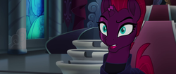 Size: 1920x804 | Tagged: safe, screencap, tempest shadow, pony, g4, my little pony: the movie, armor, broken horn, canterlot castle, cracked horn, displeased, eye scar, female, horn, mare, raised eyebrow, scar, snapping, solo, stained glass, throne room, yelling