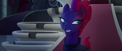 Size: 1920x804 | Tagged: safe, screencap, tempest shadow, pony, g4, my little pony: the movie, armor, broken horn, eye scar, female, gesture, head tilt, horn, scar, solo, throne room