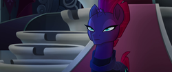 Size: 1920x804 | Tagged: safe, screencap, tempest shadow, pony, g4, my little pony: the movie, armor, beautiful, broken horn, calm, canterlot castle, eye scar, female, horn, lidded eyes, mare, mohawk, scar, scolded, serious, serious face, solo, throne room