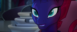 Size: 1920x804 | Tagged: safe, screencap, tempest shadow, pony, g4, my little pony: the movie, broken horn, eye scar, female, horn, promise, scar, solo, throne room